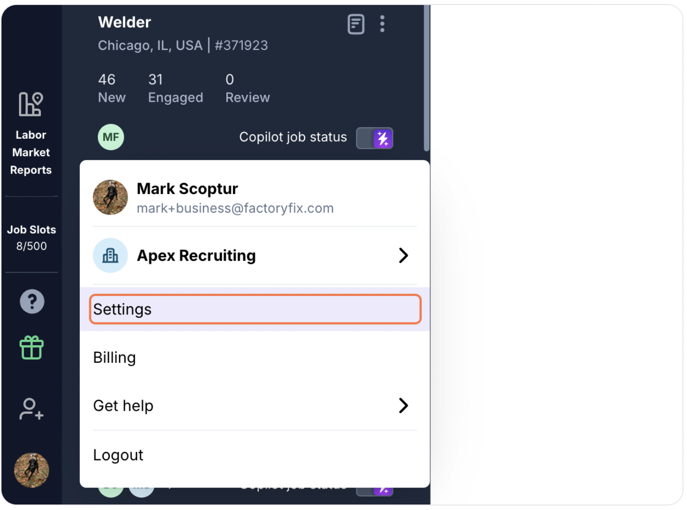 Select Settings from the menu