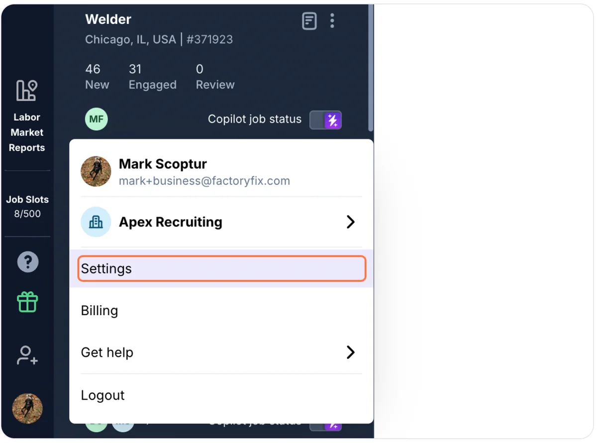Select Settings from the menu