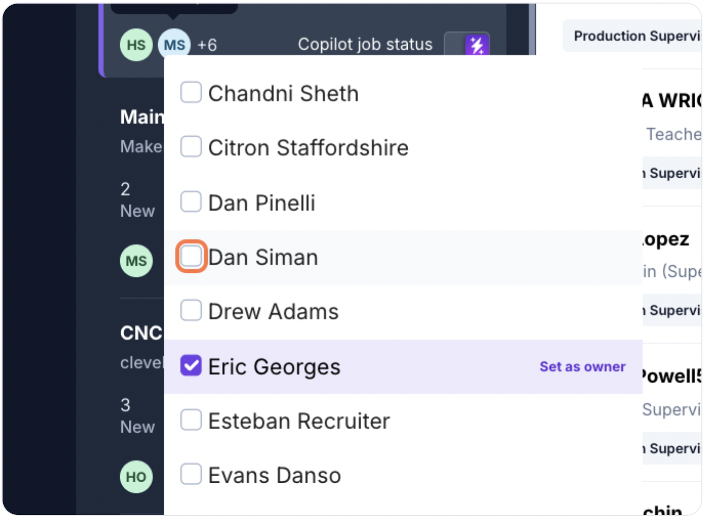 User selection dropdown for job assignment