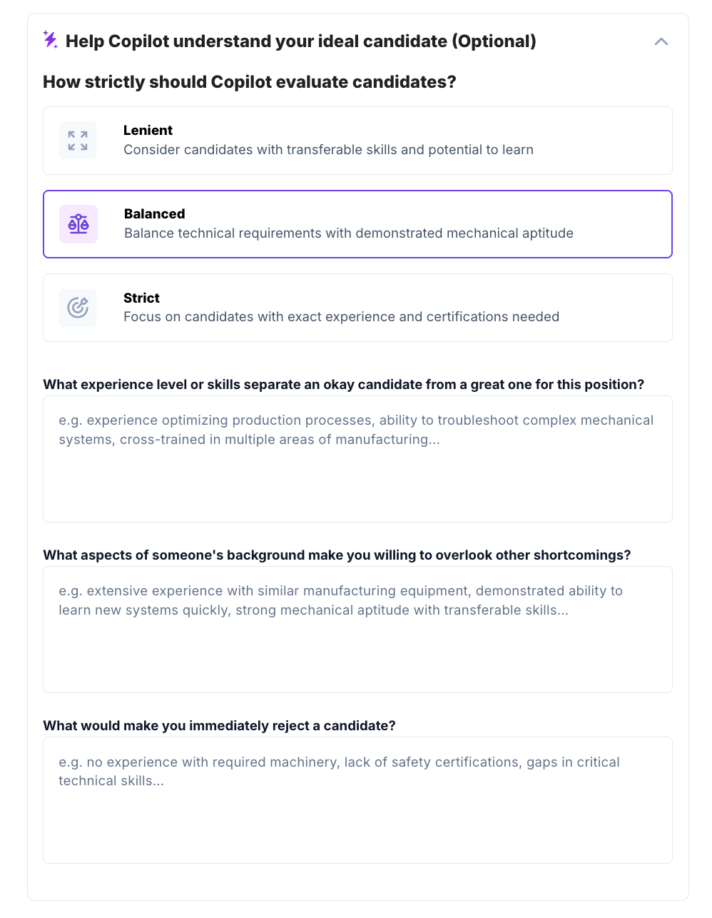 Custom evaluation guidance fields in the job setup flow