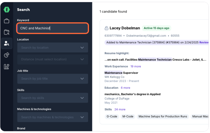Talent Pool search interface with keyword and location filters