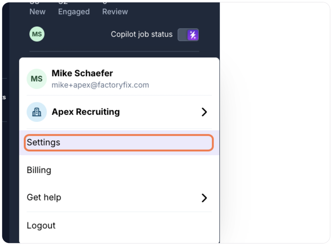 Accessing the settings menu