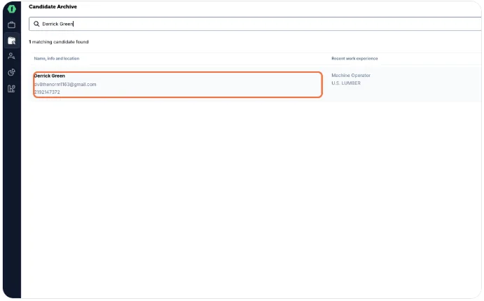 Viewing a candidate's profile from the archive