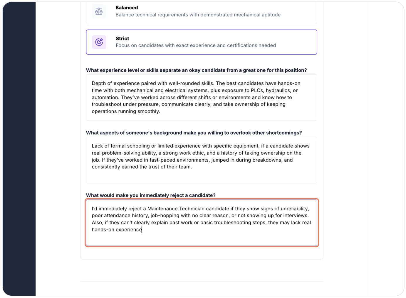 Filling out ideal candidate preferences to guide the AI recruiter