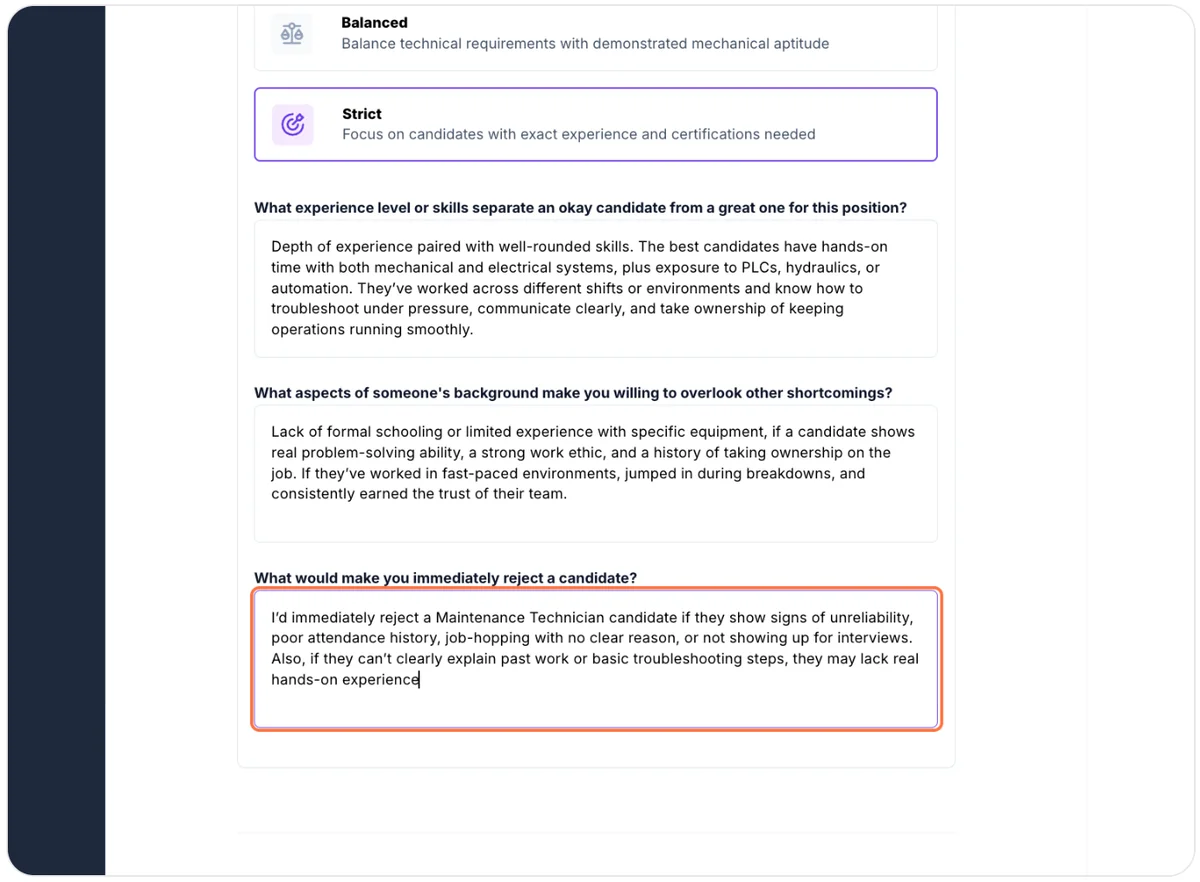 Filling out ideal candidate preferences to guide the AI recruiter