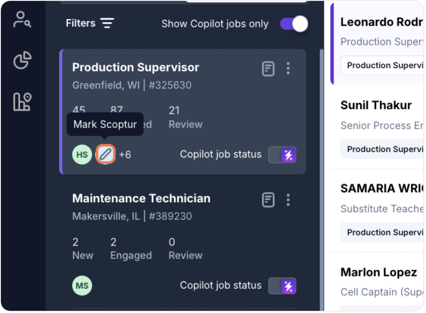 User initial badges on a job card
