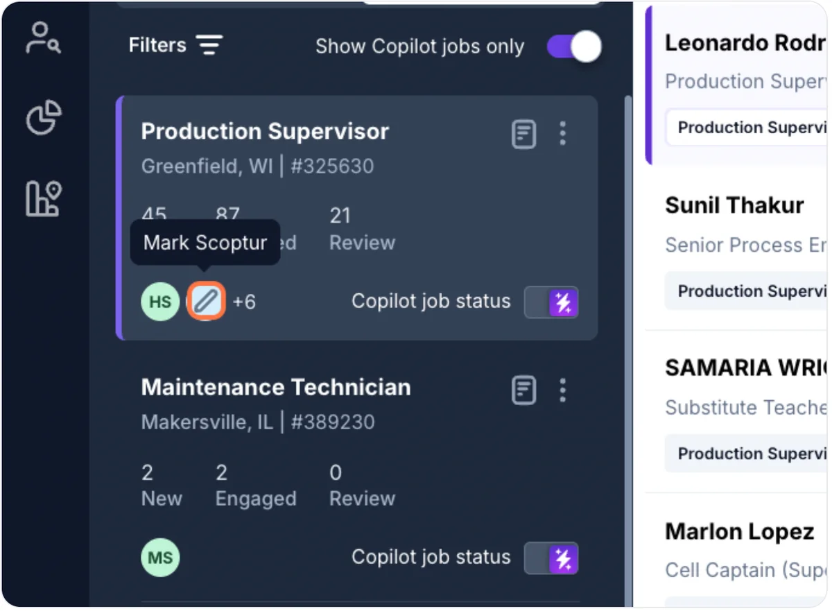 User initial badges on a job card