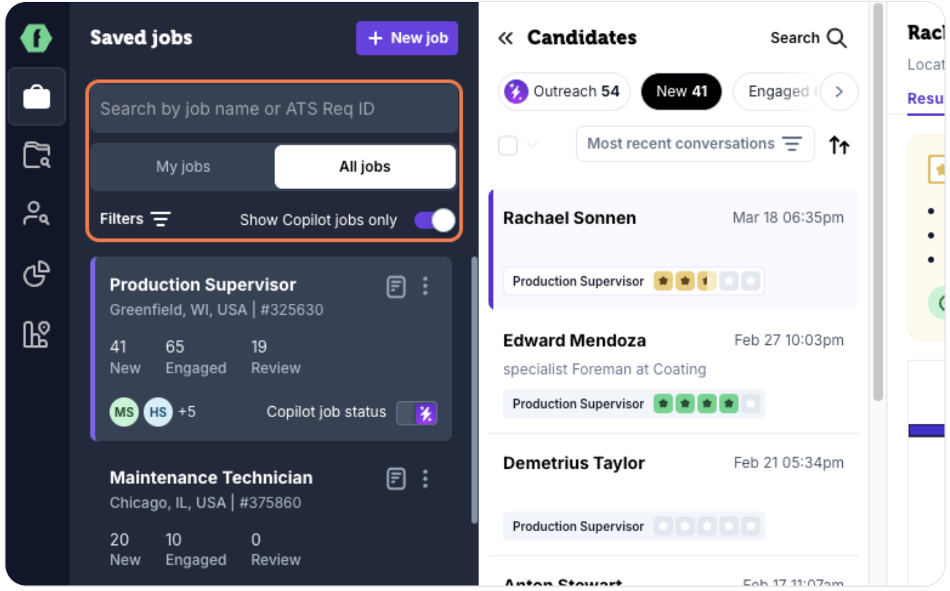 Searching for an inactive job in the Manage Jobs tab