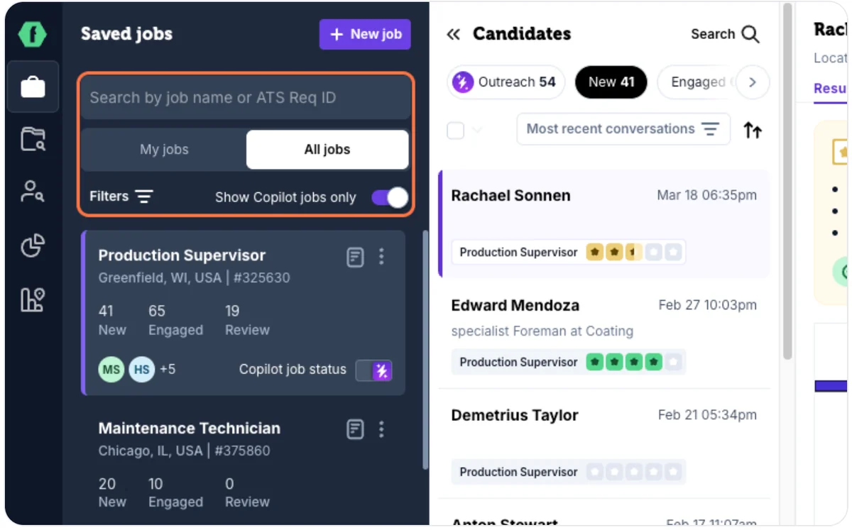 Quick filter options above the job list