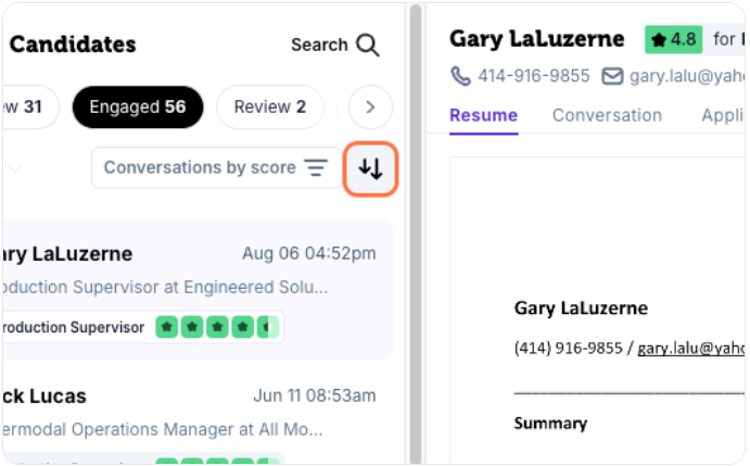 Sorting and filtering options within a job pipeline