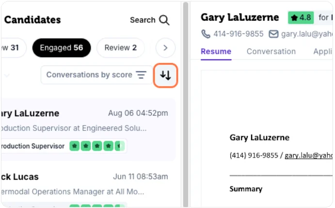 Sorting and filtering options within a job pipeline