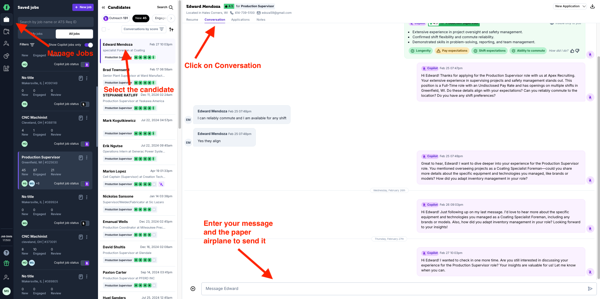 Composing a message in the candidate conversation tab
