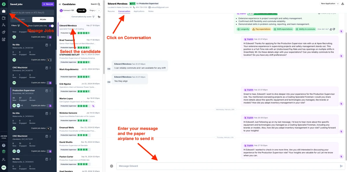 Composing a message in the candidate conversation tab