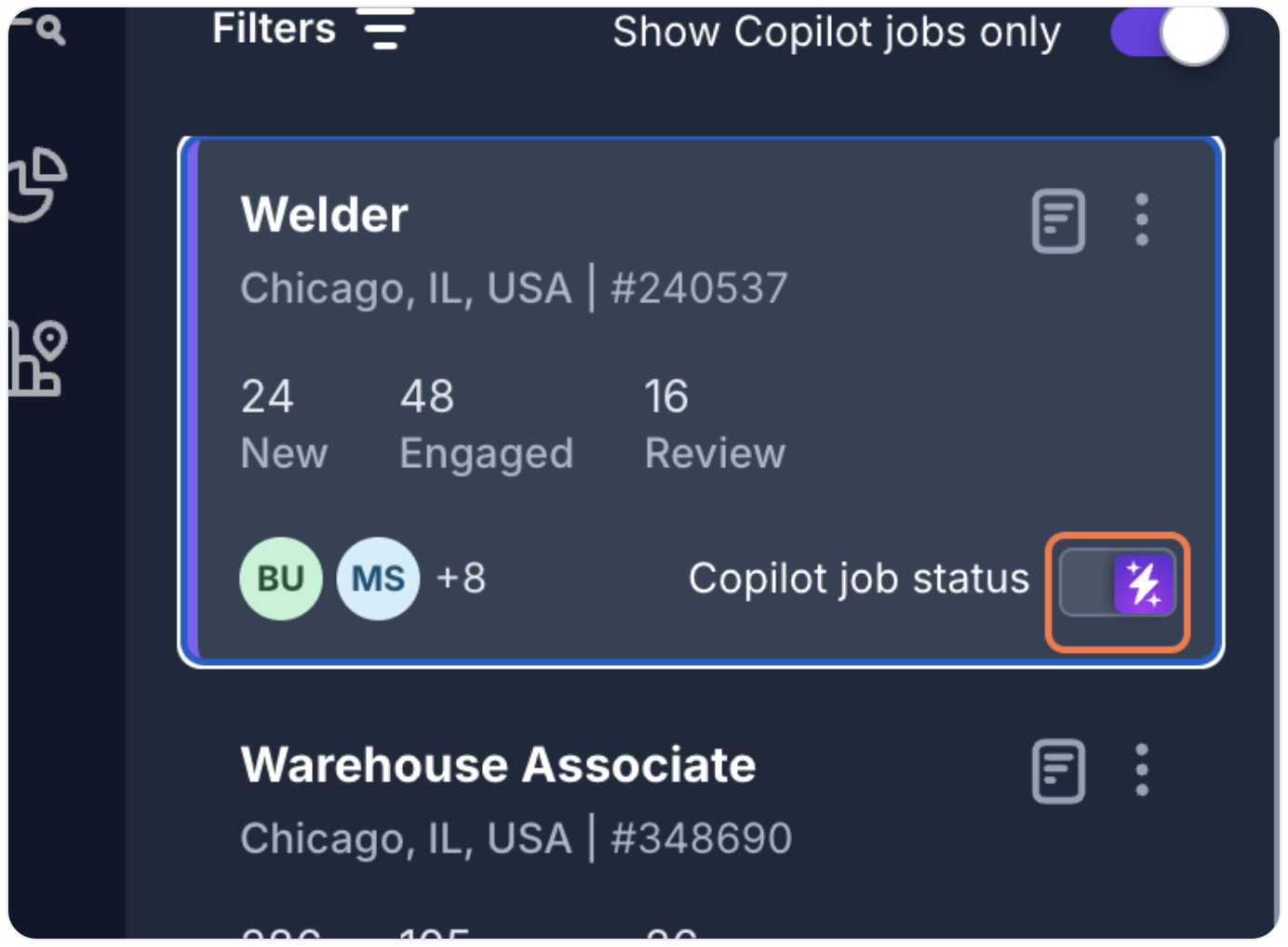 Clicking the job status toggle to deactivate a job