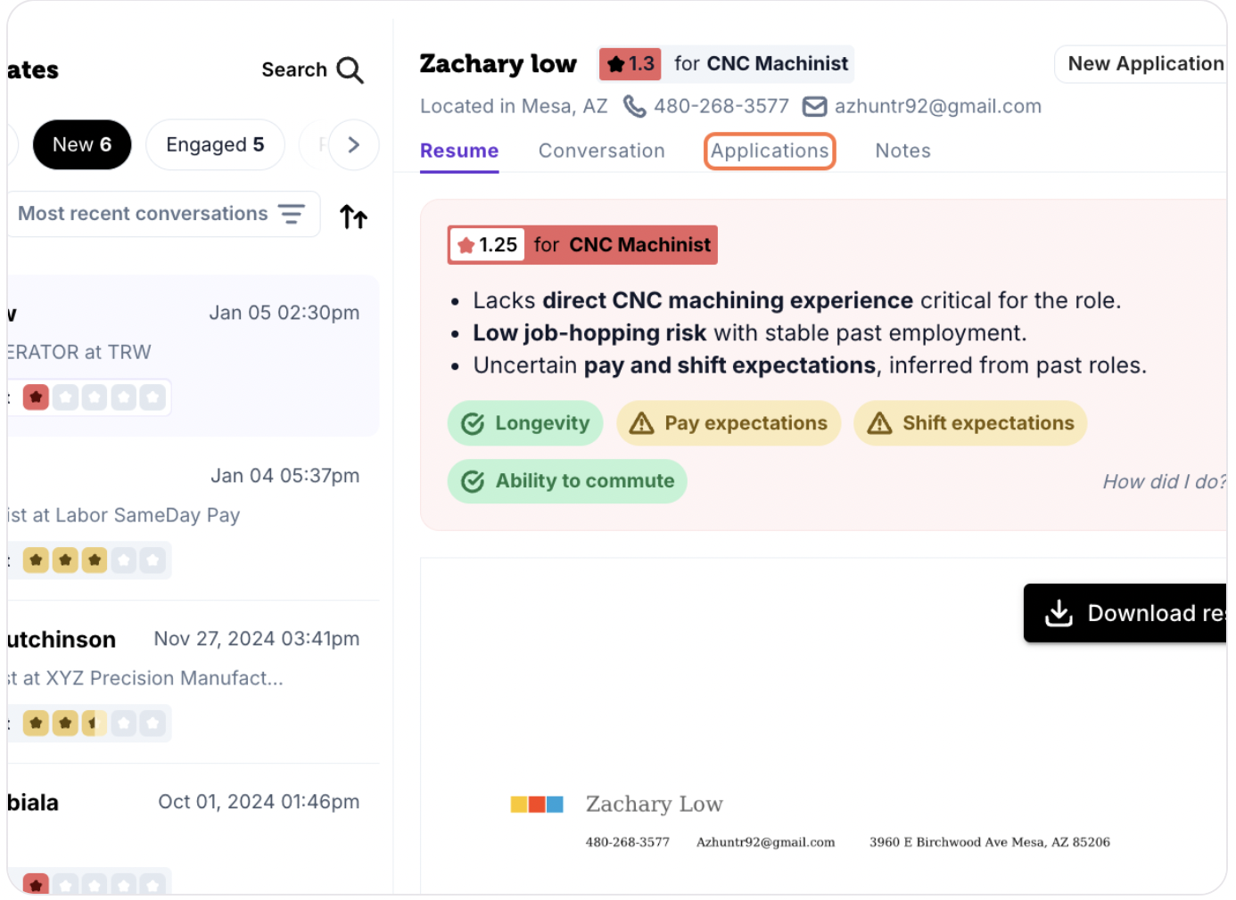Click the Applications tab on the candidate profile