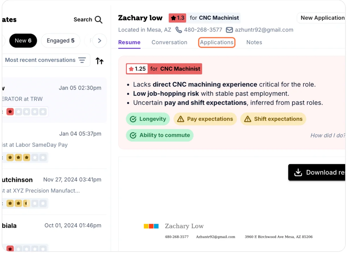 Click the Applications tab on the candidate profile