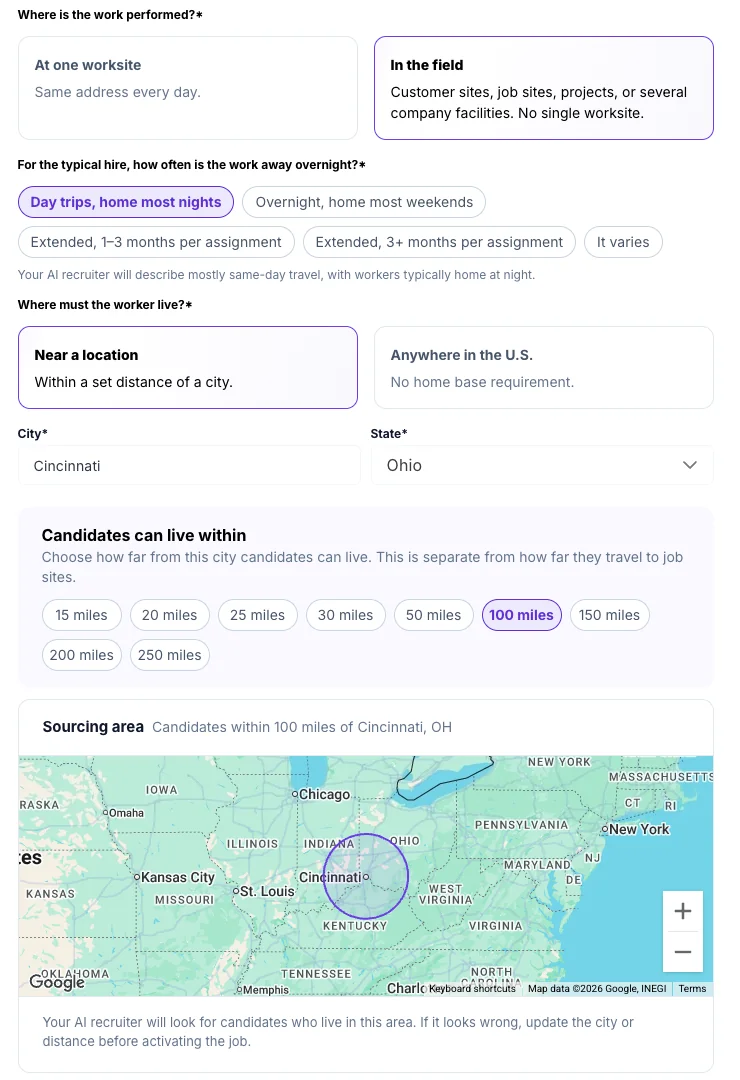 A field job with day-trip travel and candidates living within 100 miles of a city