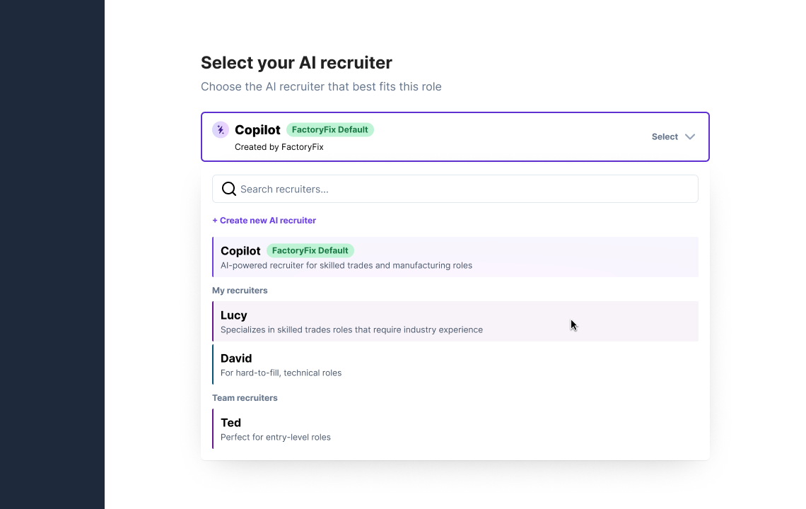 Selecting an AI recruiter during job setup