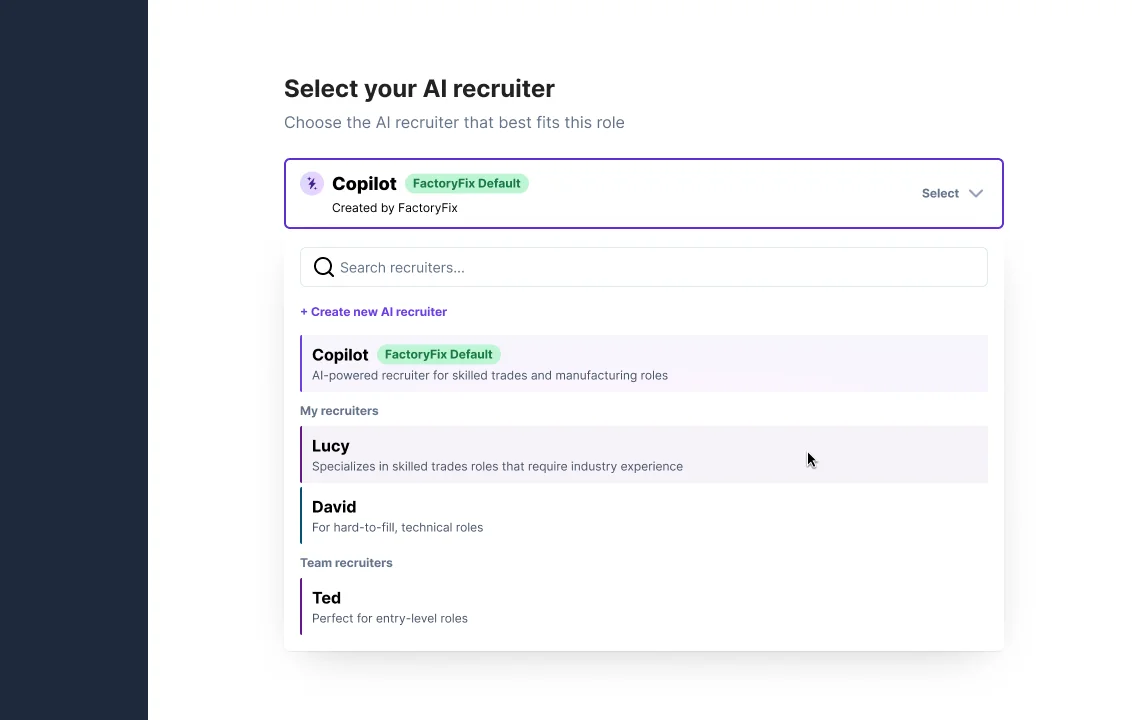 Selecting an AI recruiter during job setup
