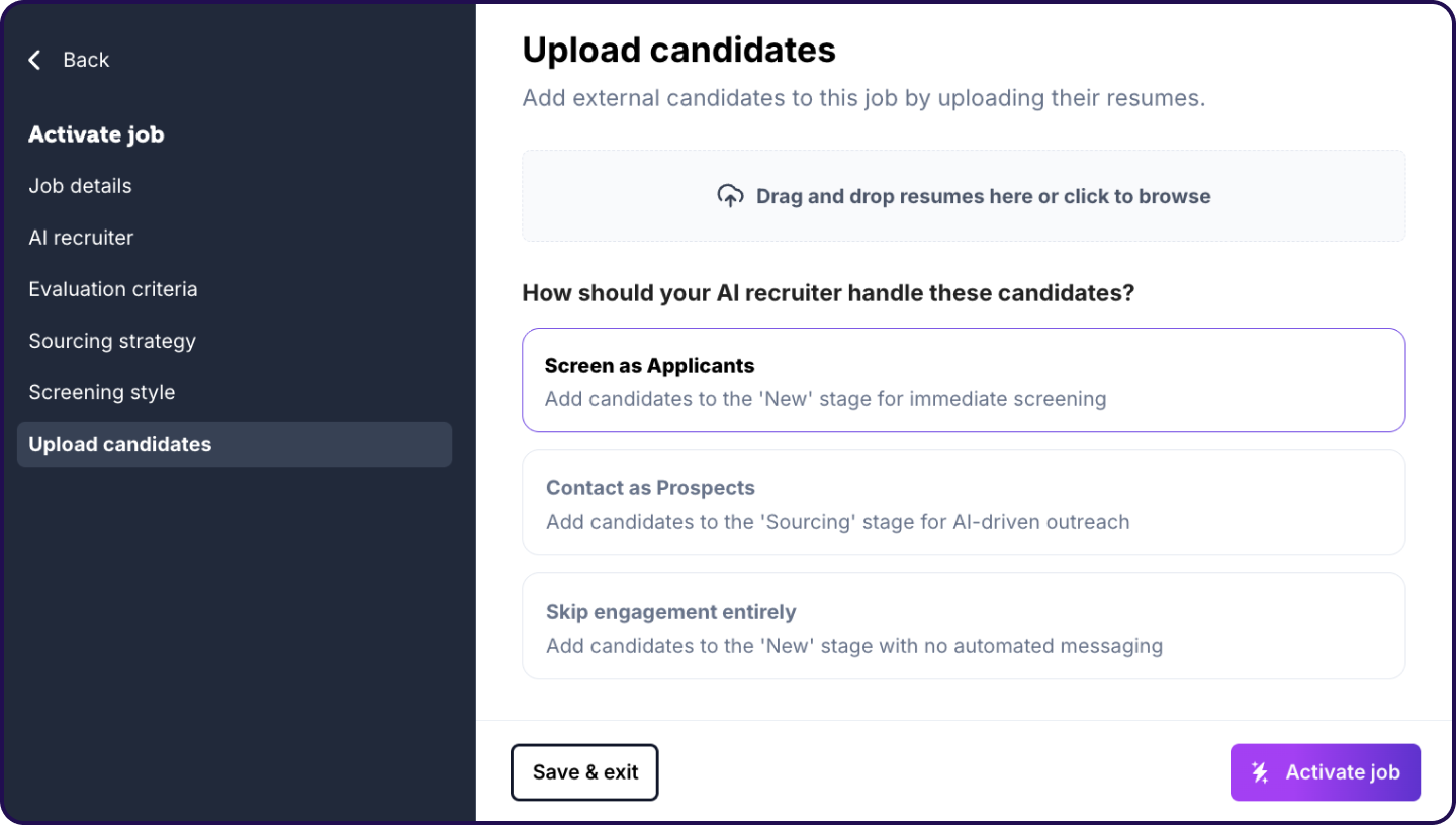 Upload candidates step in the job activation flow