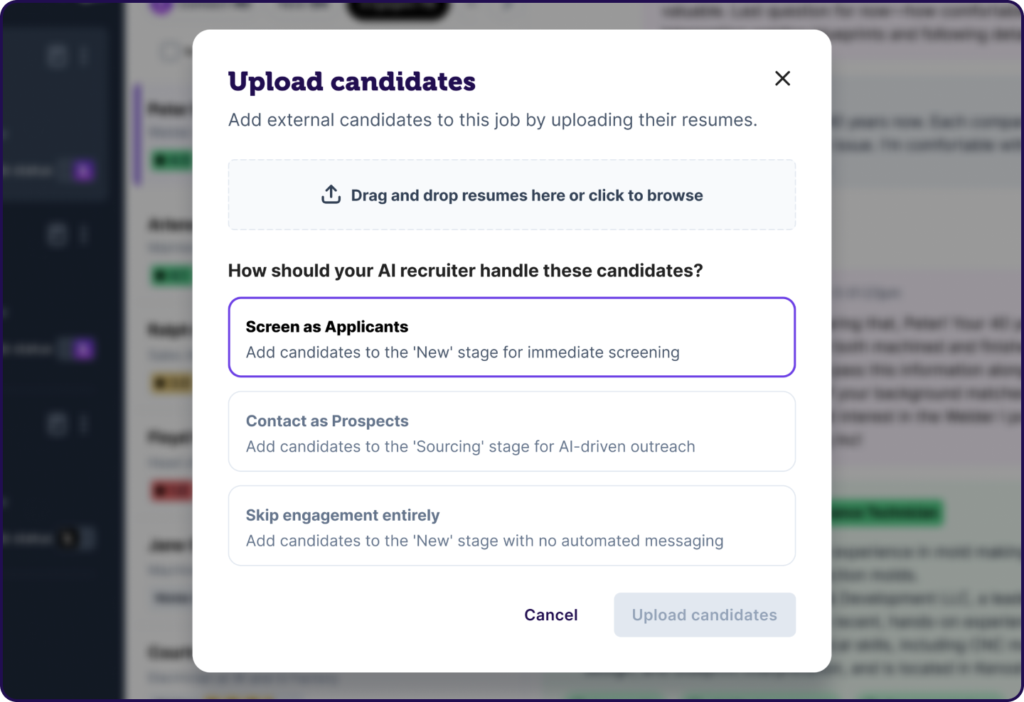 Upload candidates modal with drag-and-drop area and handling options