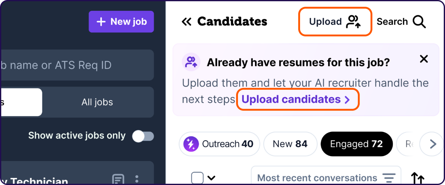 Upload button and Upload candidates banner in the job pipeline header