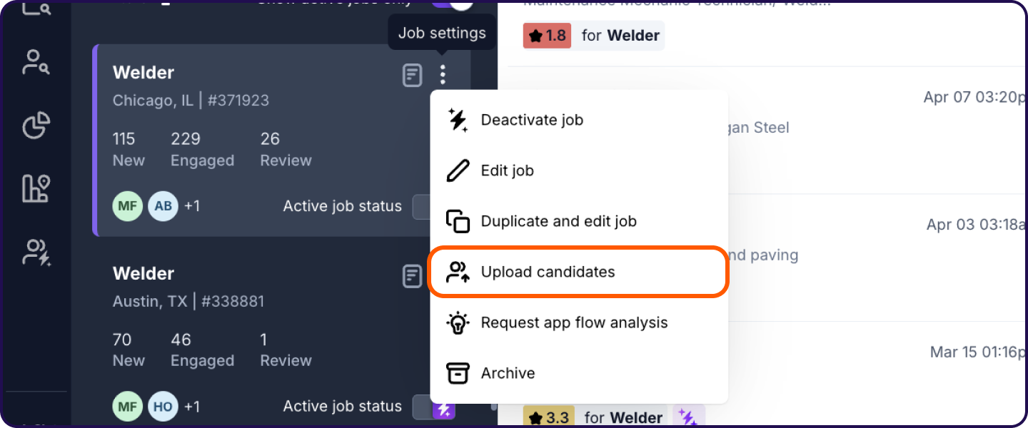 Upload candidates option in the job's three-dot menu